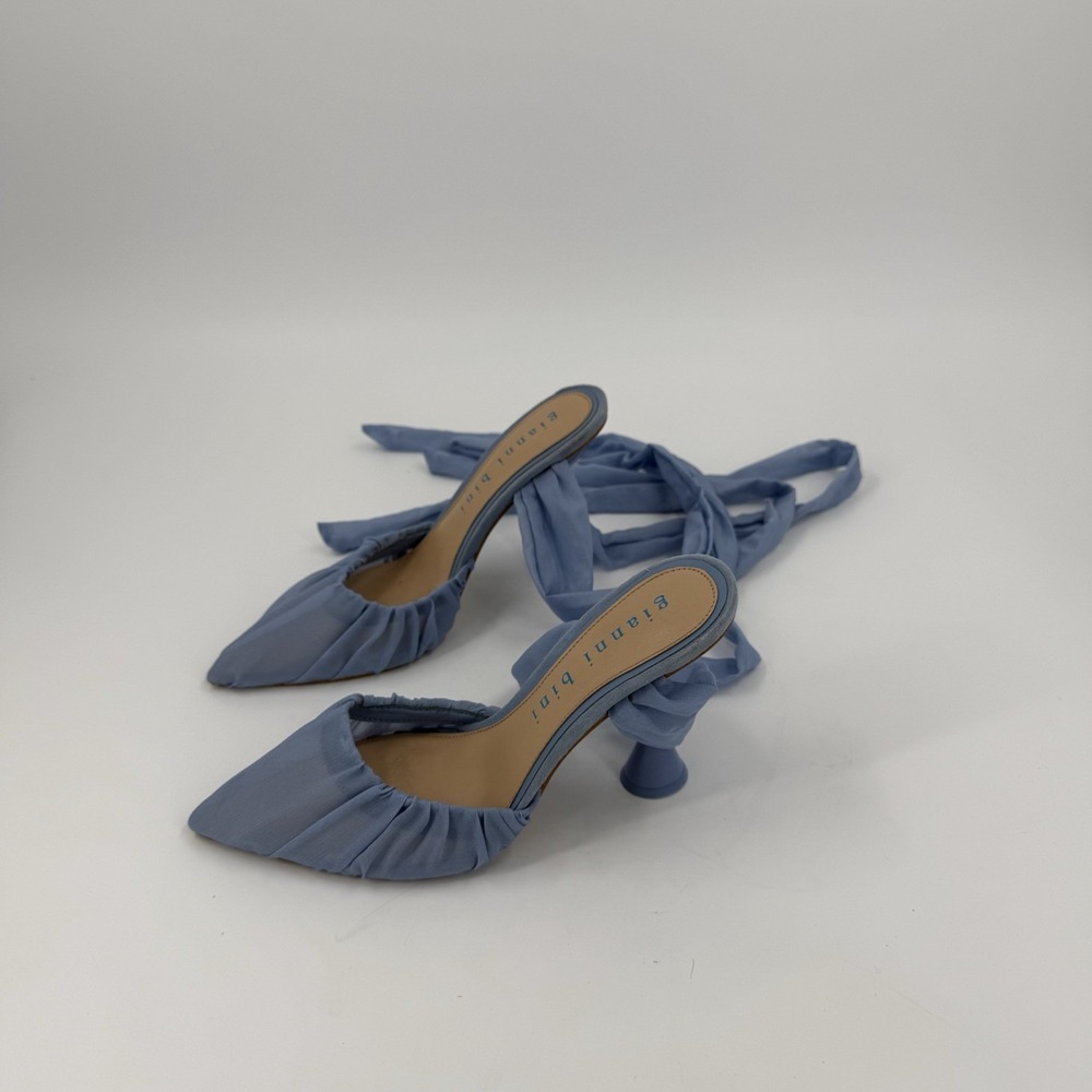 Gianni Bini NWT Women's Blue Ruched Pointed Toe Tie Ankle Kitten Heel Pumps Sz 8